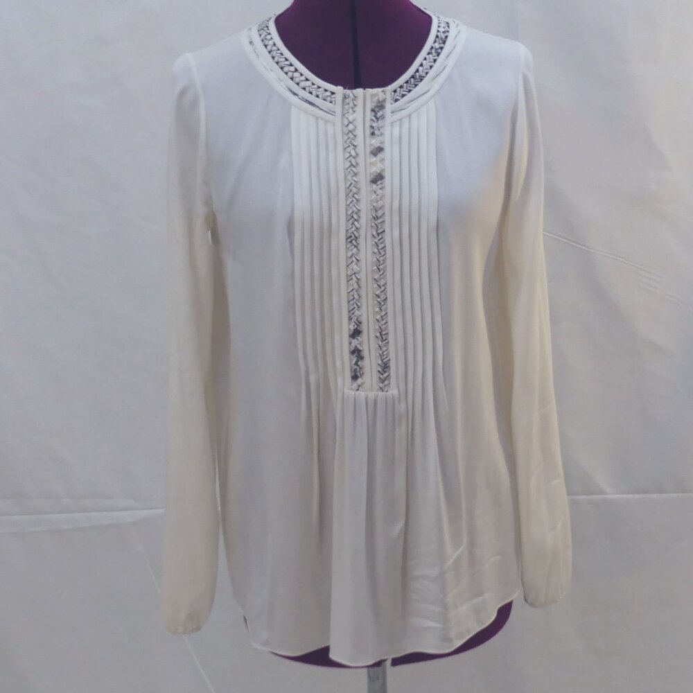 Ellie Tahari offwhite silk shirt with black braid detail and pleats